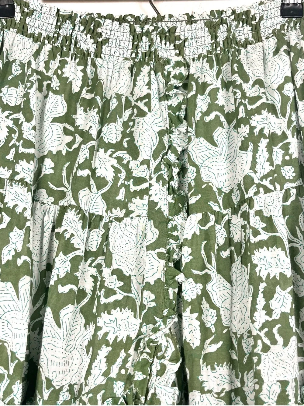 MAJE Size 42/Large Jitale Green Floral Block Print Ruffled Cotton Midi Skirt